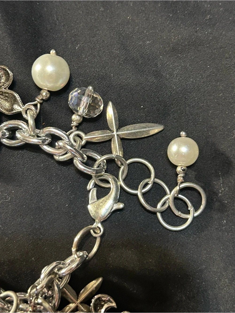 Silver loaded Charm Bracelet with Pearls and Iridescent Beads - Women's Jewelry